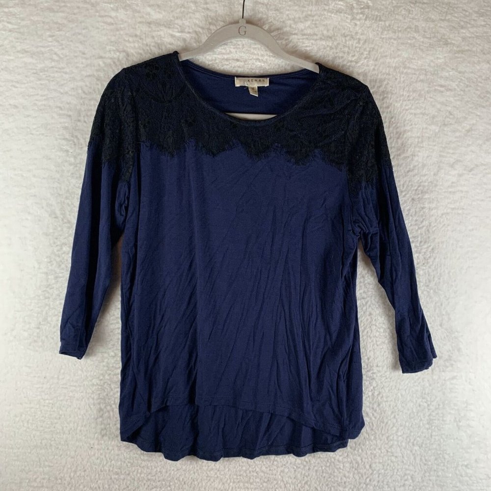 Kenar Shirt Women's Medium Blue Stretch Lace Detail Long Sleeve Pullover 7919